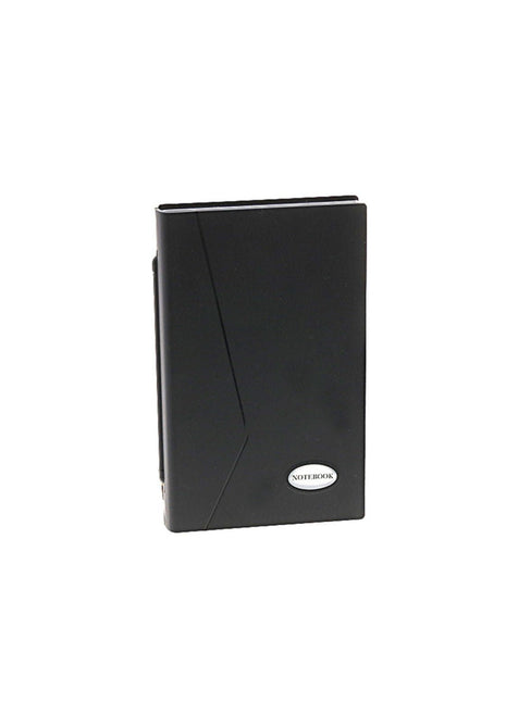 Schwarzes Notizbuch mit diagonalem Design.